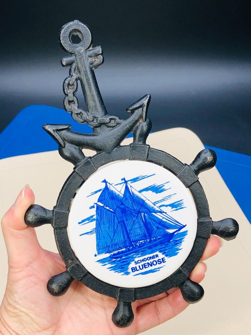 Vintage 60s BLUENOSE Schooner Cast Iron Porcelain Trivet Wall Hanging: Nautical